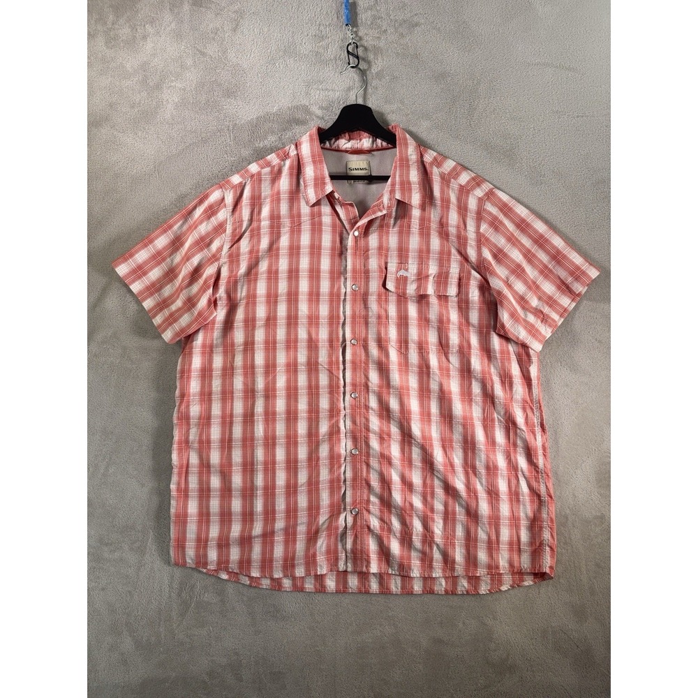 Simms Big Sky Fishing Shirt Mens XXL Orange Plaid Pearl Snap Western UPF 50